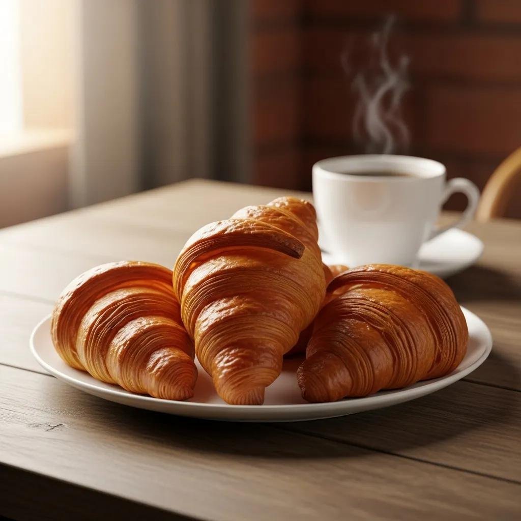 Plate of authentic French croissants with coffee on a rustic table
