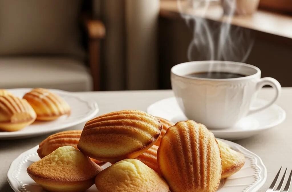 Plate of golden French madeleines next to a steaming cup of coffee in a cozy café setting