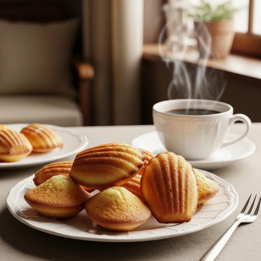 Plate of golden French madeleines next to a steaming cup of coffee in a cozy café setting