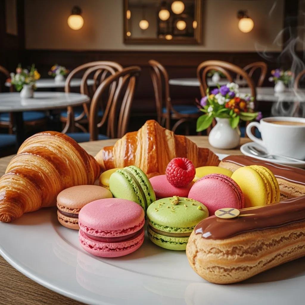 Platter of signature French pastries including croissants, macarons, and éclairs in a charming café setting