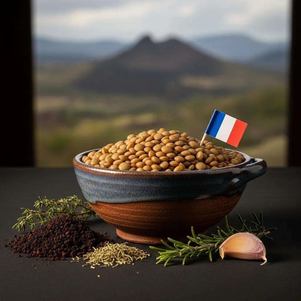 Puy lentils in a rustic bowl with elements representing their French heritage and volcanic soil