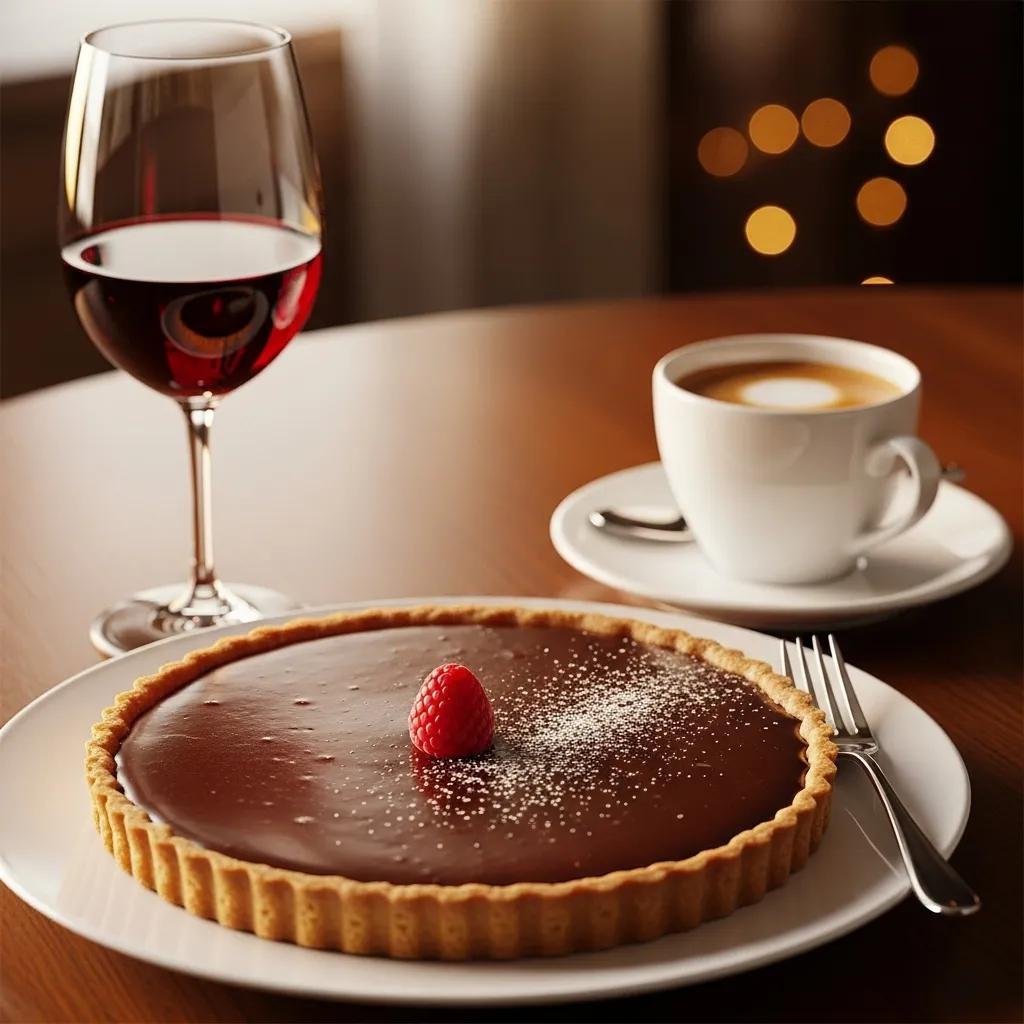 Rich French Chocolate Tart paired with espresso and red wine on a dessert table