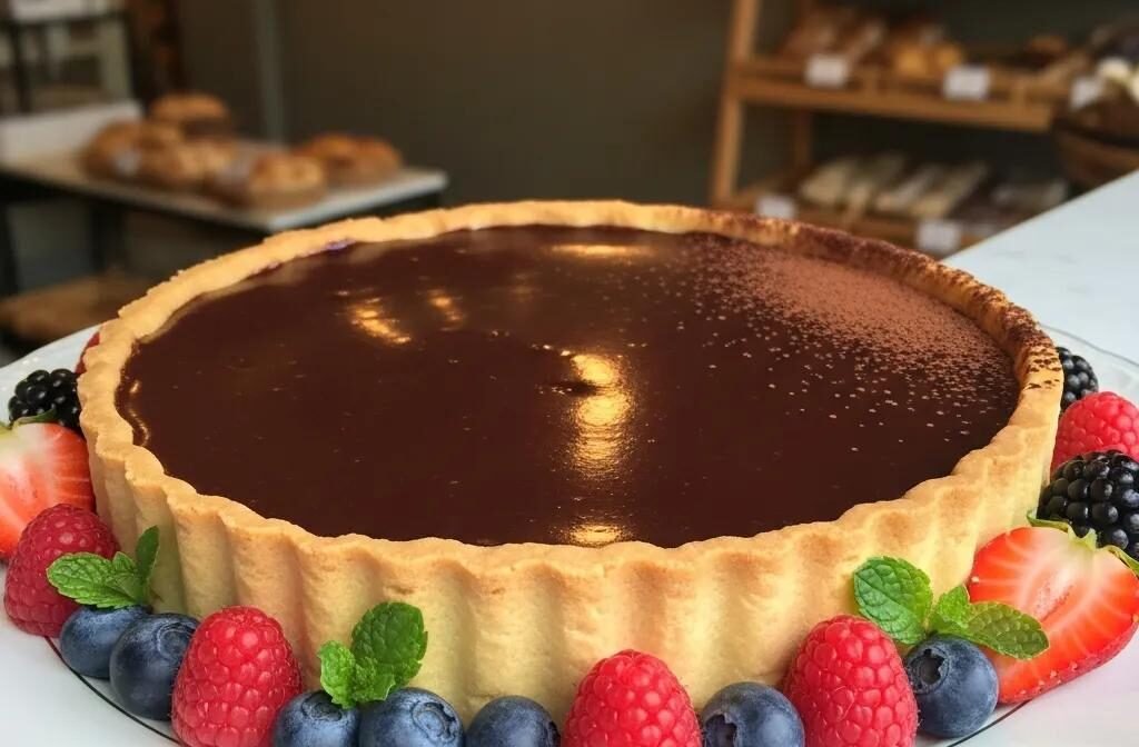 Rich French Chocolate Tart with fresh berries and mint in a cozy bakery setting