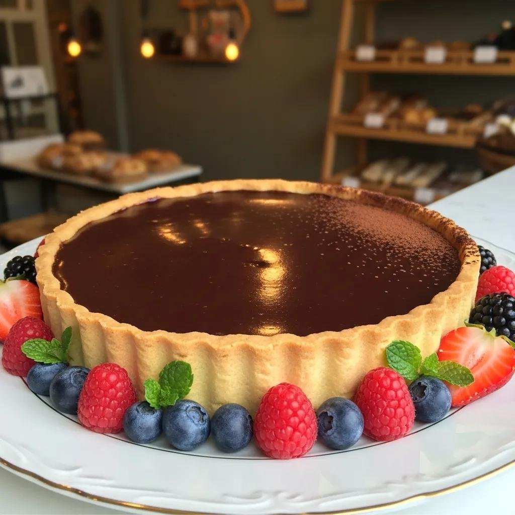 Rich French Chocolate Tart with fresh berries and mint in a cozy bakery setting