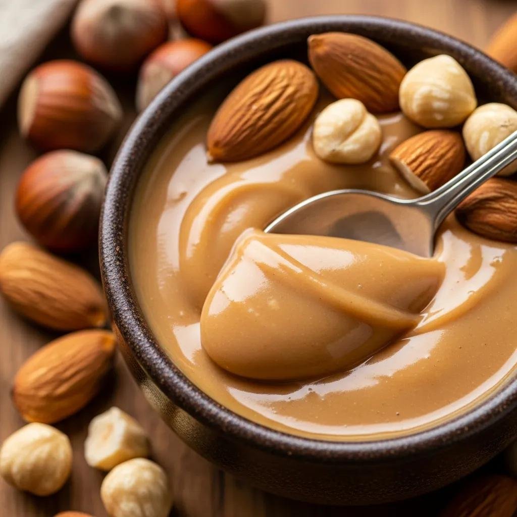 Rich praline cream with hazelnuts and almonds in a bowl