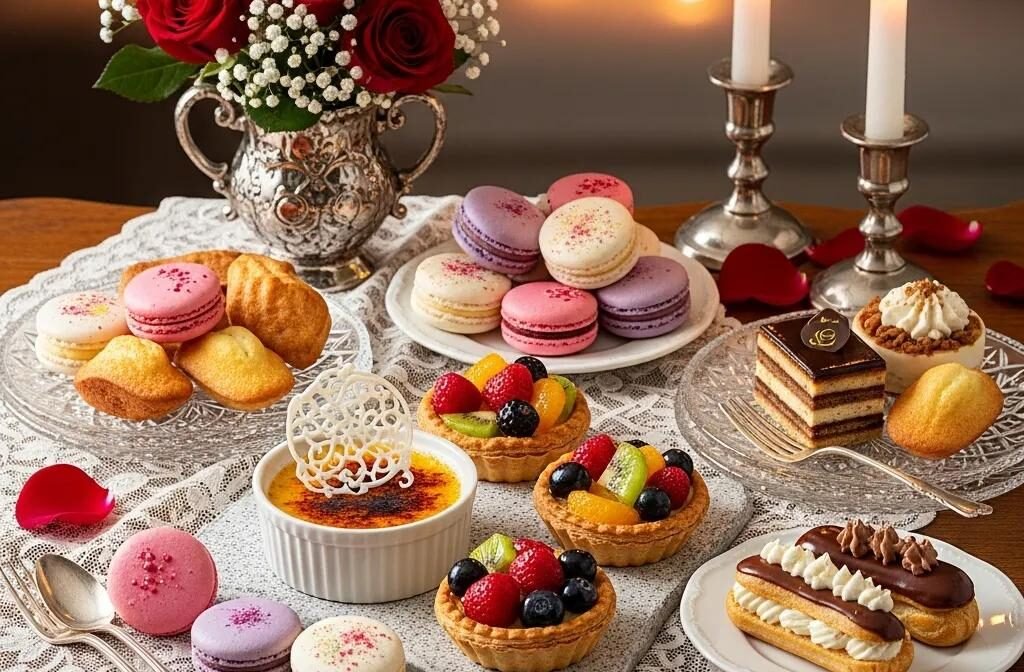 Romantic French desserts including macarons, crème brûlée, and fruit tarts displayed elegantly for Valentine's Day