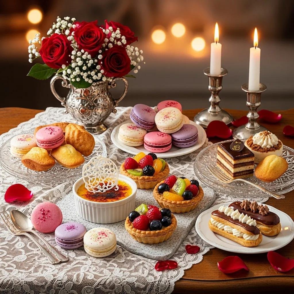 Romantic French desserts including macarons, crème brûlée, and fruit tarts displayed elegantly for Valentine's Day