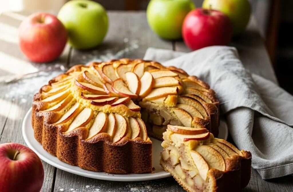 Rustic French Apple Cake with fresh apples on a wooden table