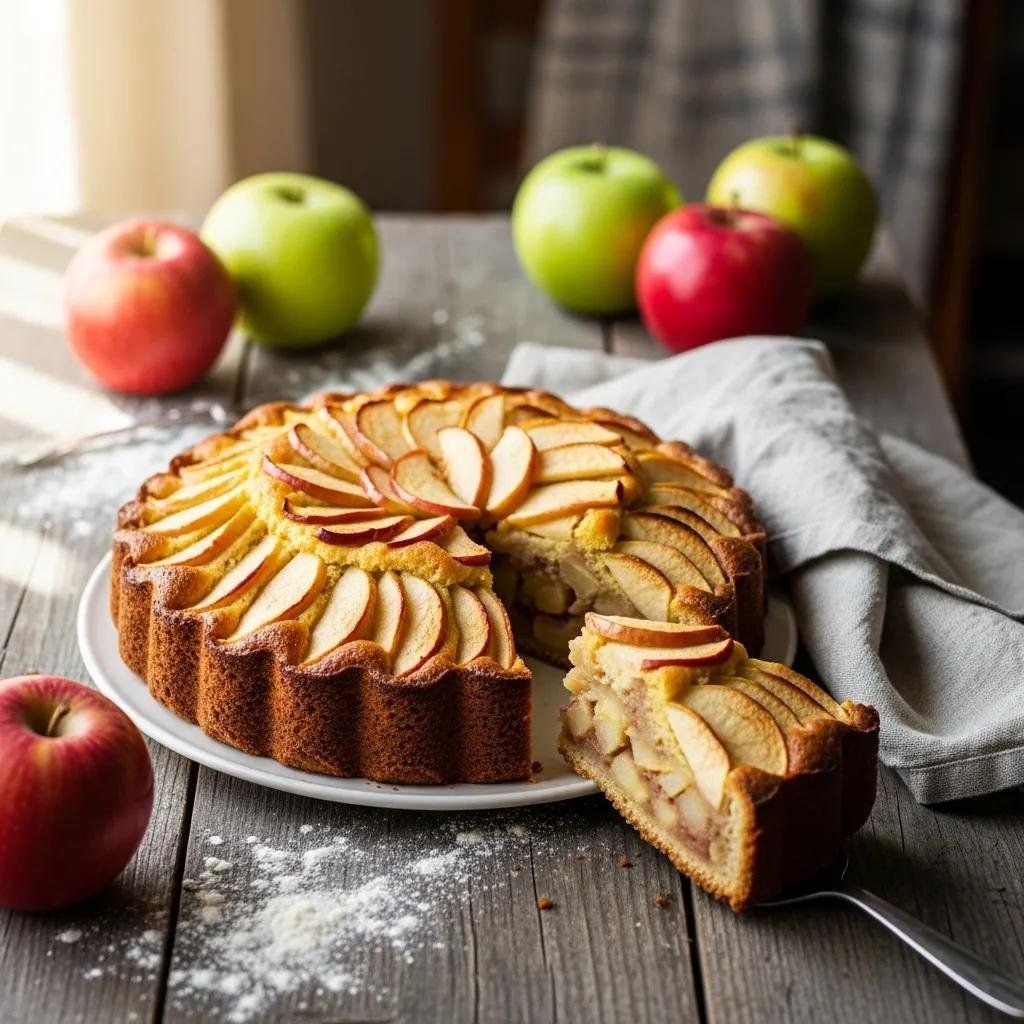 Rustic French Apple Cake with fresh apples on a wooden table