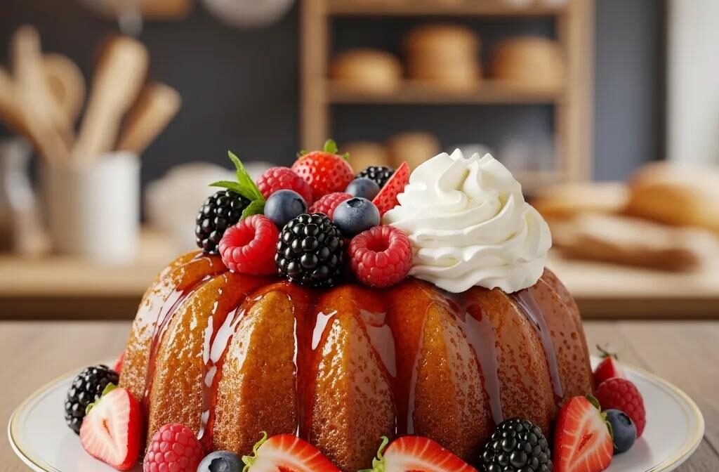 Savarin cake with rum syrup and fresh berries, representing a classic French dessert