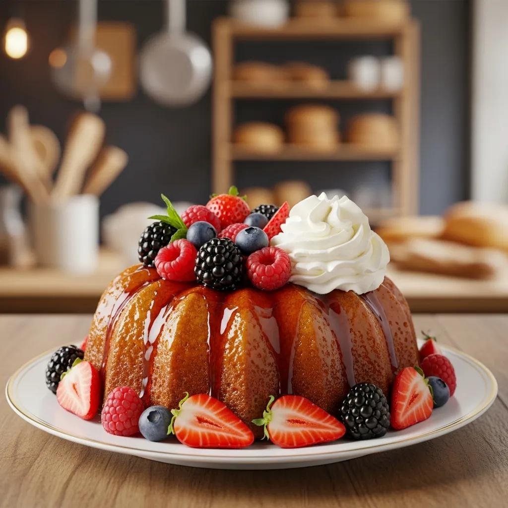 Savarin cake with rum syrup and fresh berries, representing a classic French dessert