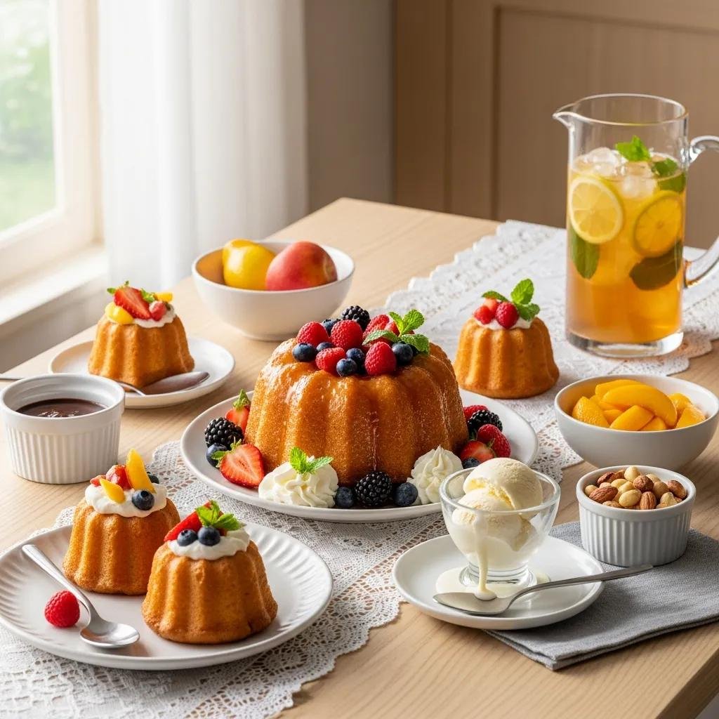 Savarin served with fresh fruits, whipped cream, and ice cream, showcasing delightful serving suggestions