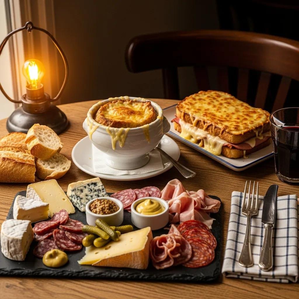 Savory French cafe menu items including French onion soup, croque monsieur sandwich, and a cheese and charcuterie board