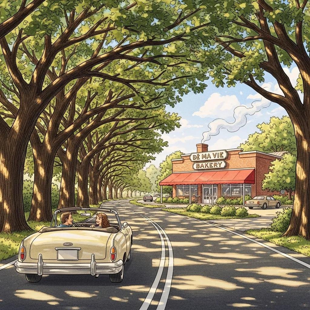 Scenic driving route to De Ma Vie Bakery with a car on a tree-lined street