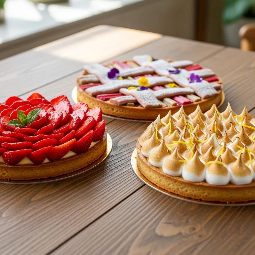 Seasonal French fruit tarts featuring strawberries, rhubarb, and lemon meringue, beautifully arranged on a rustic table