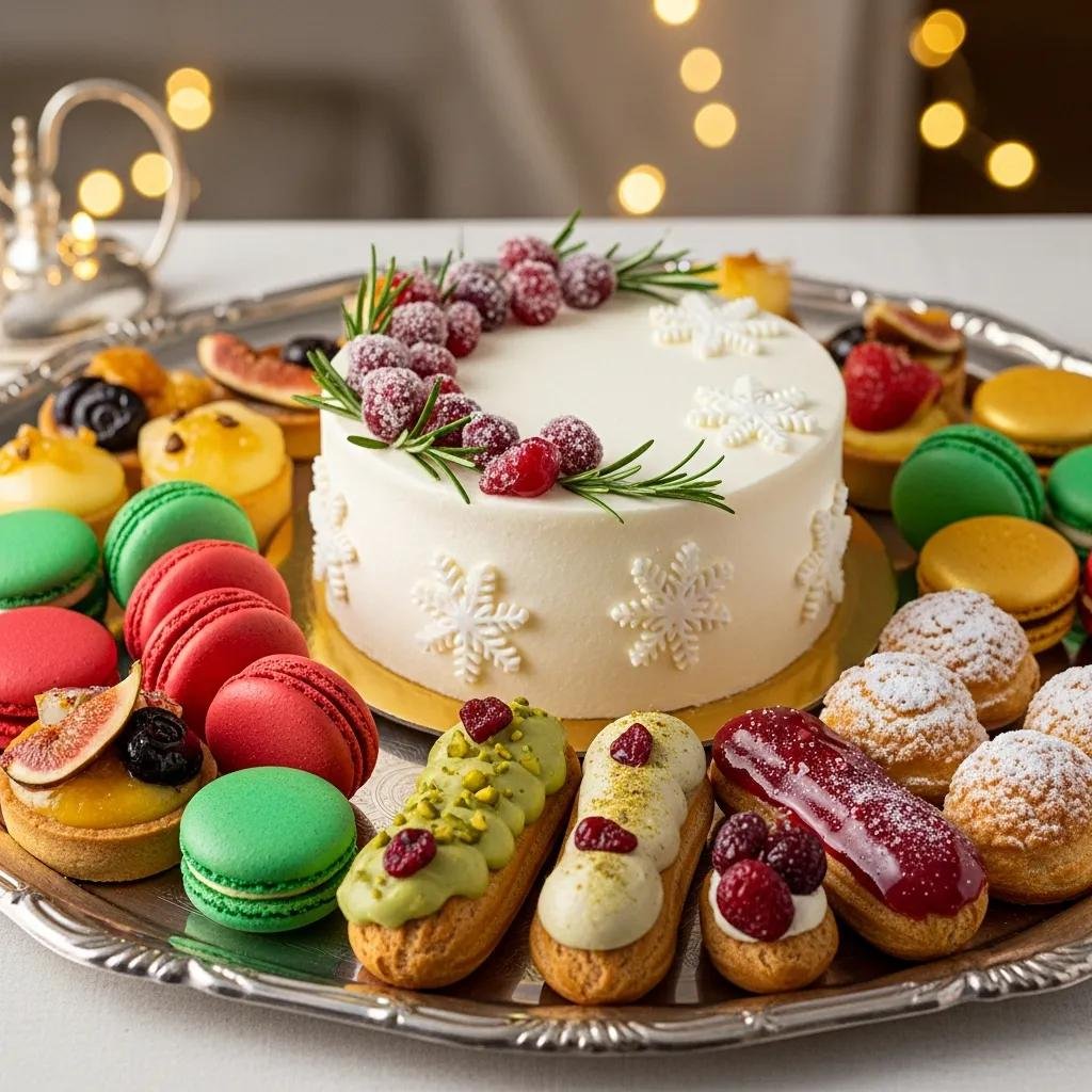 Seasonal French pastries including colorful macarons and festive éclairs on a serving platter