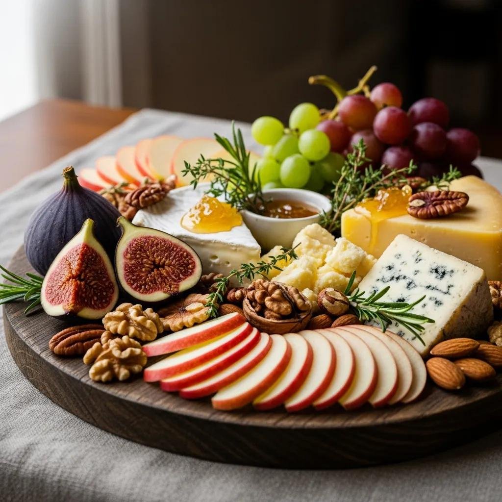 Seasonal fruits including figs and apples paired with artisan cheeses on a cheese board