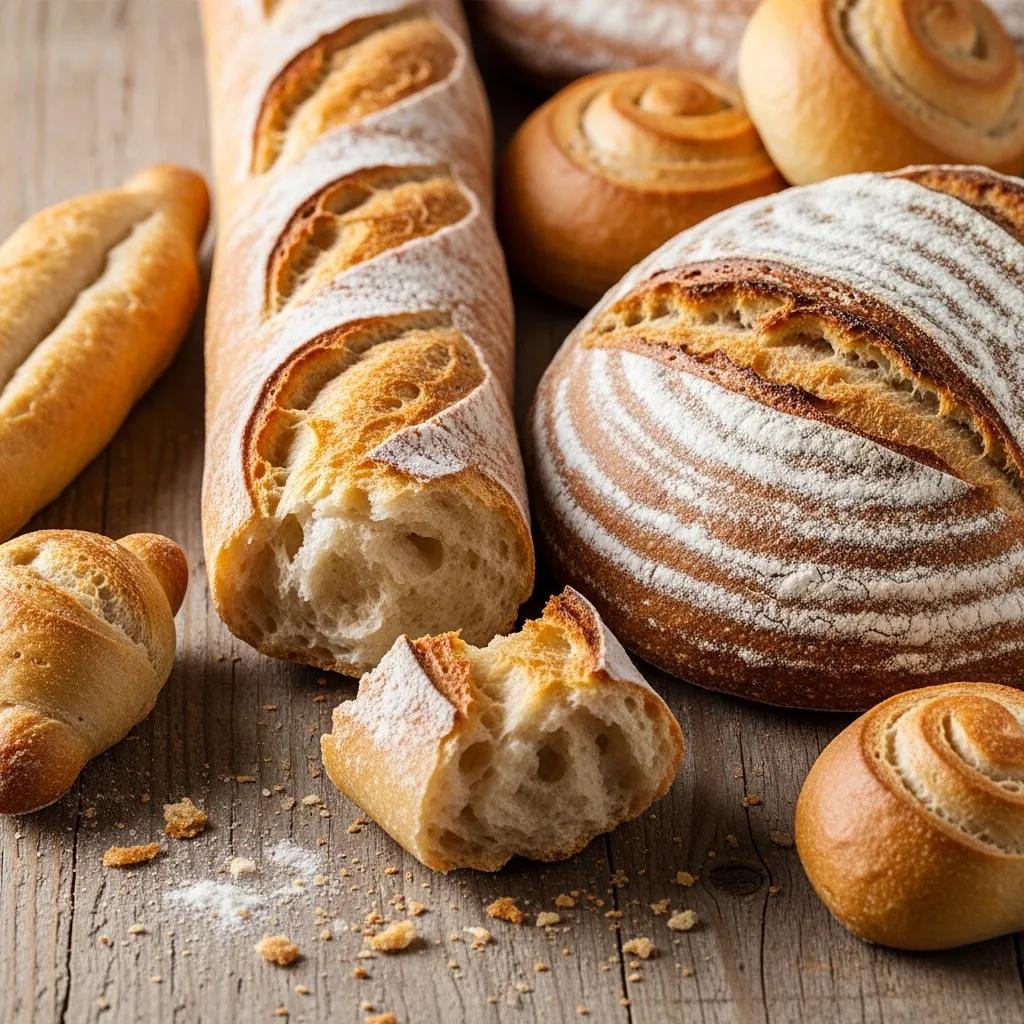Selection of artisan French breads including baguette and pain de campagne