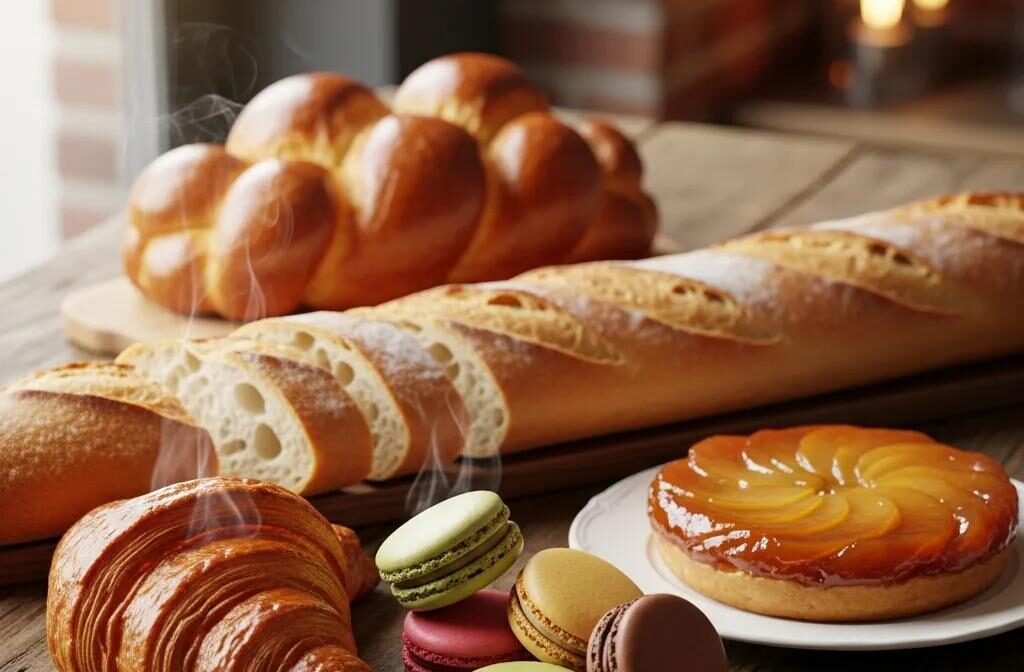 Selection of authentic French pastries including croissants, macarons, and baguettes on a rustic wooden table