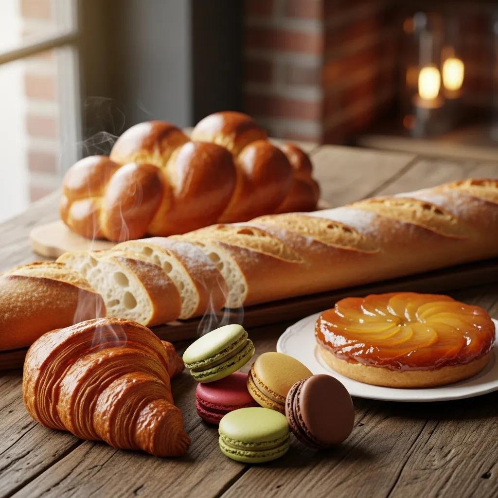 Selection of authentic French pastries including croissants, macarons, and baguettes on a rustic wooden table