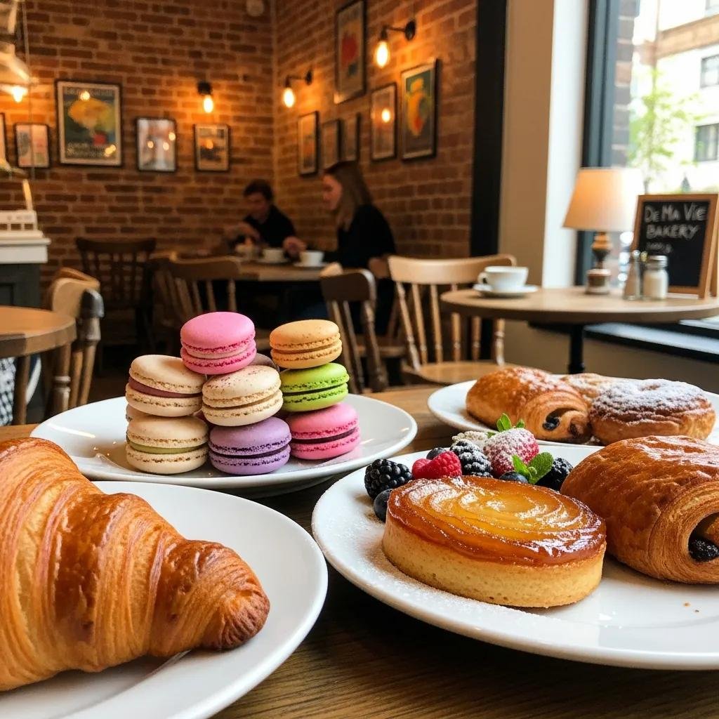 Selection of French pastries at De Ma Vie Bakery with cozy decor in the background