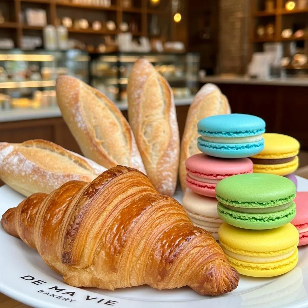 Signature pastries from De Ma Vie Bakery, featuring croissants and macarons