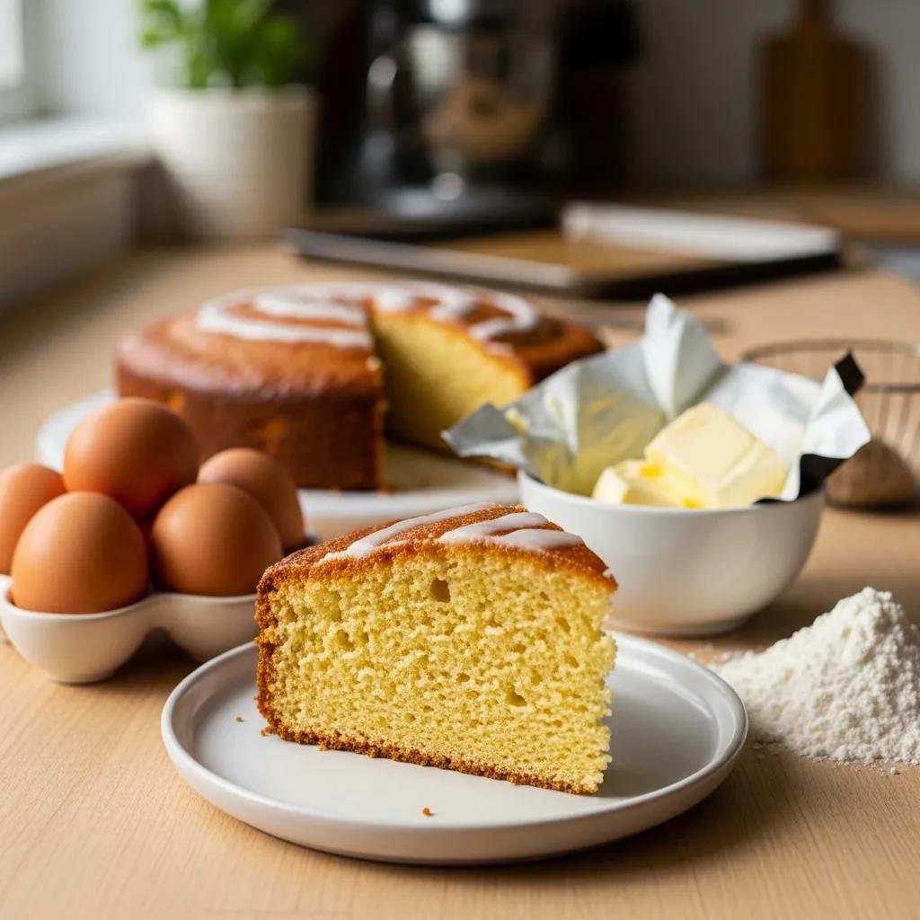 Slice of cake made with cultured French butter, emphasizing its rich flavor and moist texture