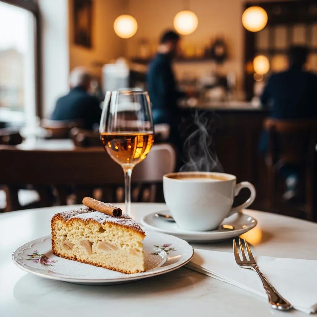 Slice of Rustic French Apple Cake with coffee and dessert wine on a table