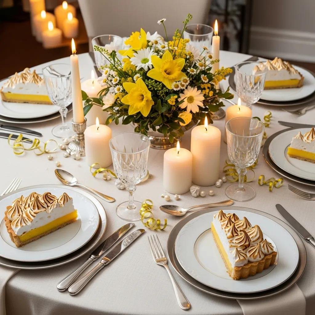 Slices of Zesty Lemon Meringue Tart on a festive table setting with seasonal decorations