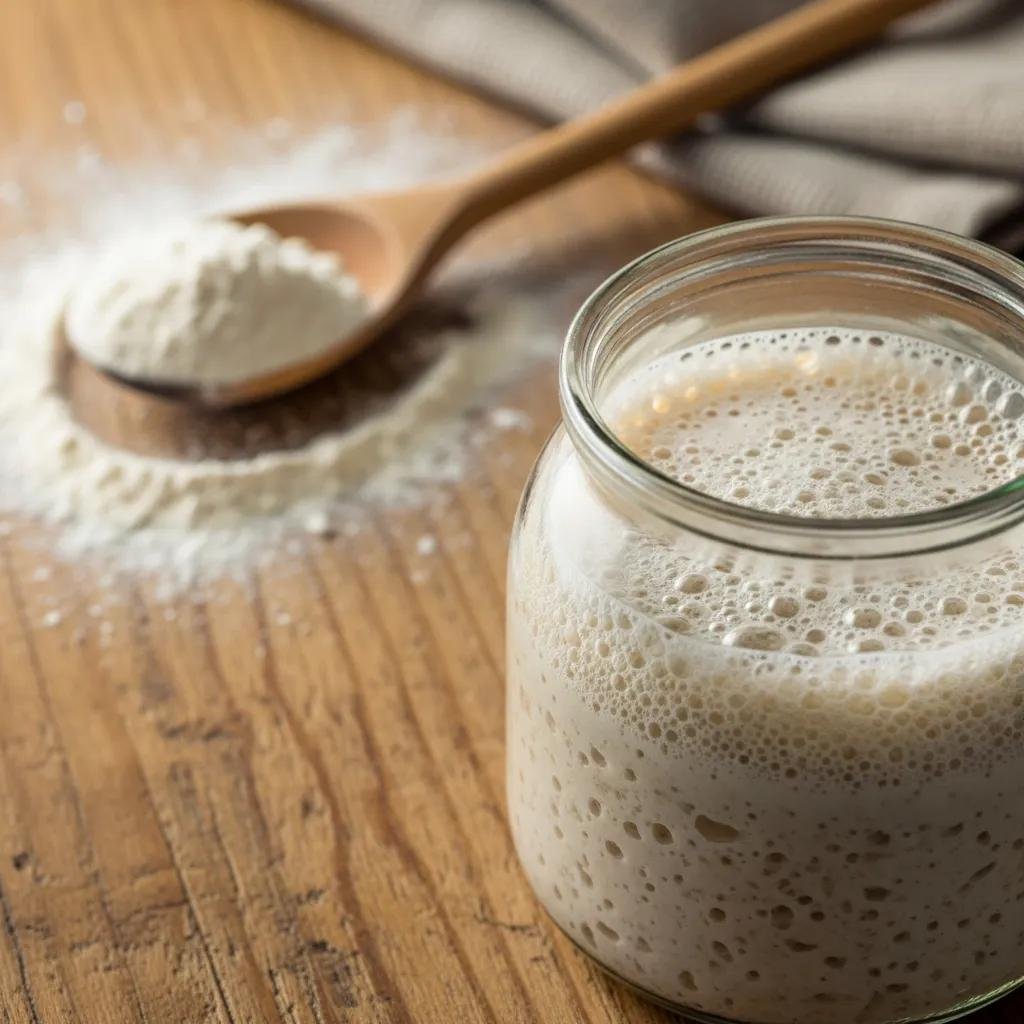 Sourdough starter in a jar with bubbles, flour, and baking tools in the background