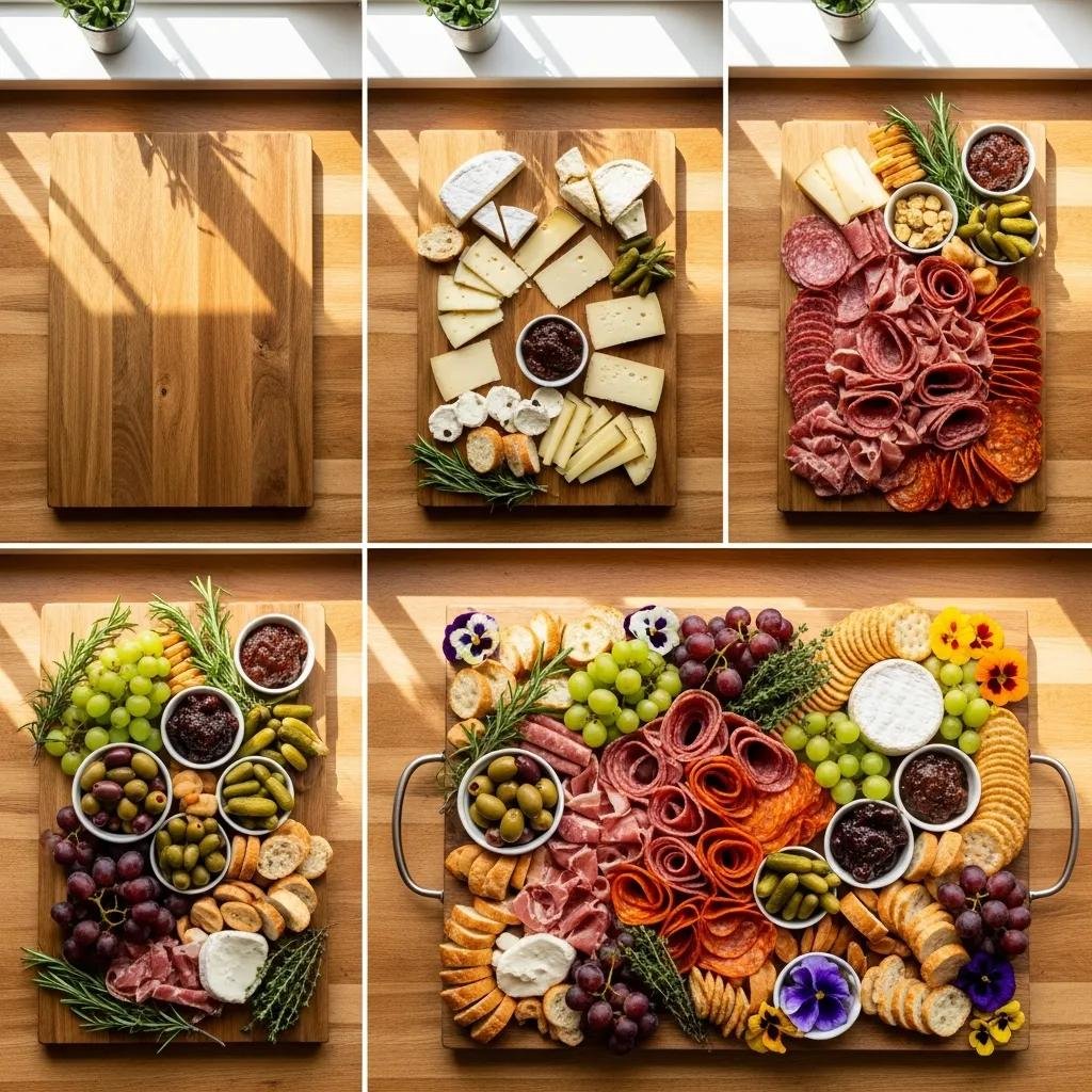 Step-by-step assembly of a French charcuterie board with cheeses and meats