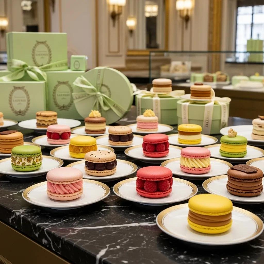 Stylish display of sandwich-style macarons in a Parisian patisserie, showcasing unique flavors and vibrant colors