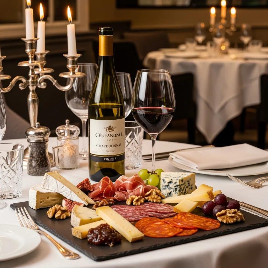 Stylish table setting with French wines and charcuterie platter