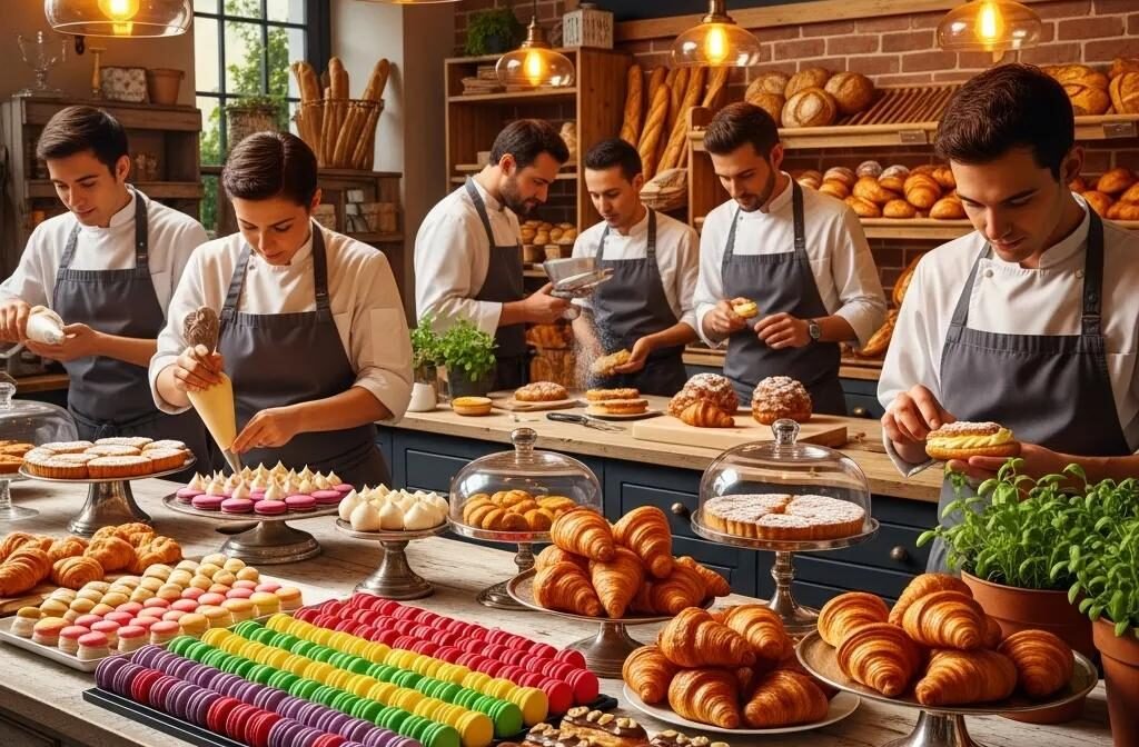Talented French pastry chefs at work in a charming bakery, surrounded by colorful pastries