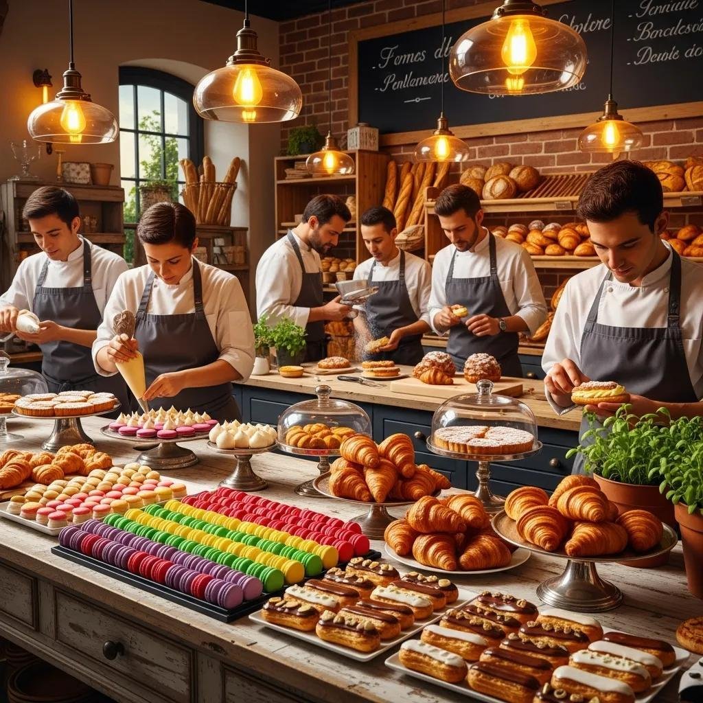Talented French pastry chefs at work in a charming bakery, surrounded by colorful pastries