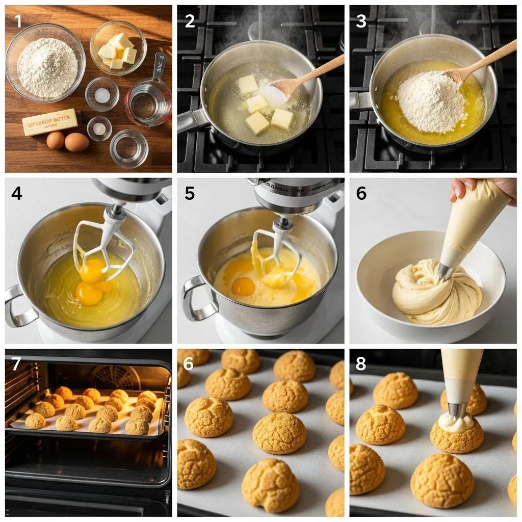 The process of making choux pastry with ingredients like flour, eggs, and butter in a kitchen setting