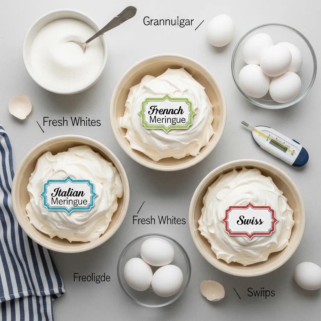 Three bowls of different meringue types: French, Italian, and Swiss, with ingredients displayed