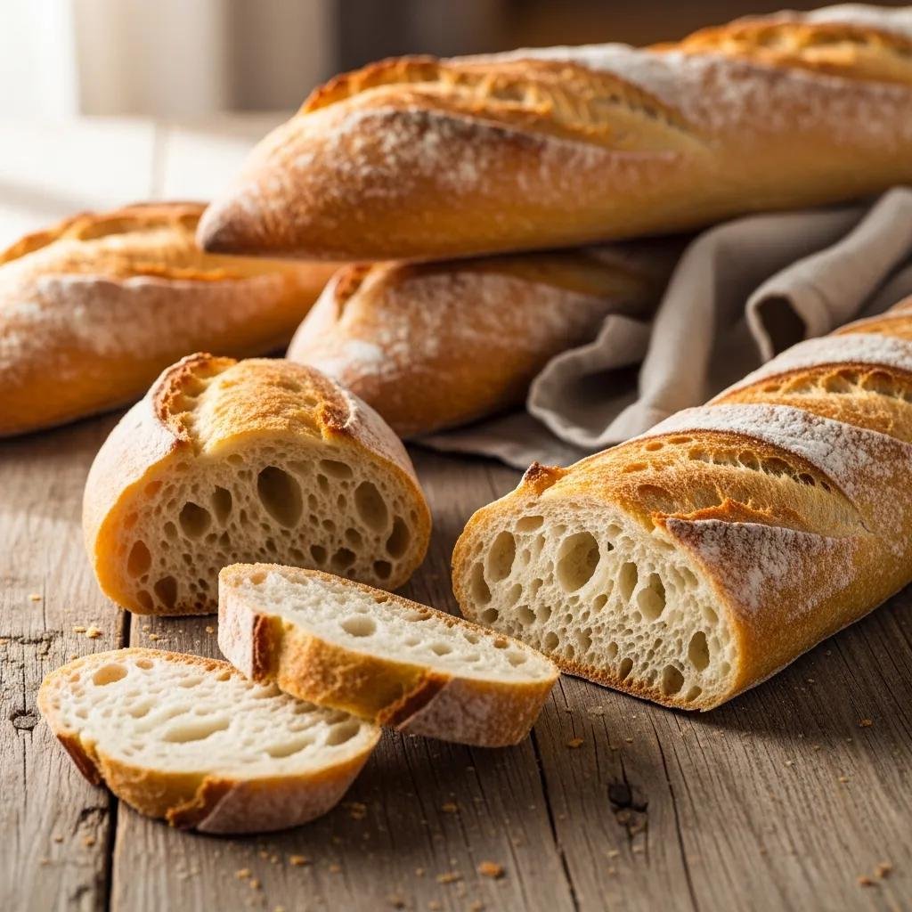 Traditional French baguettes with a crisp crust and soft interior displayed on a rustic wooden table