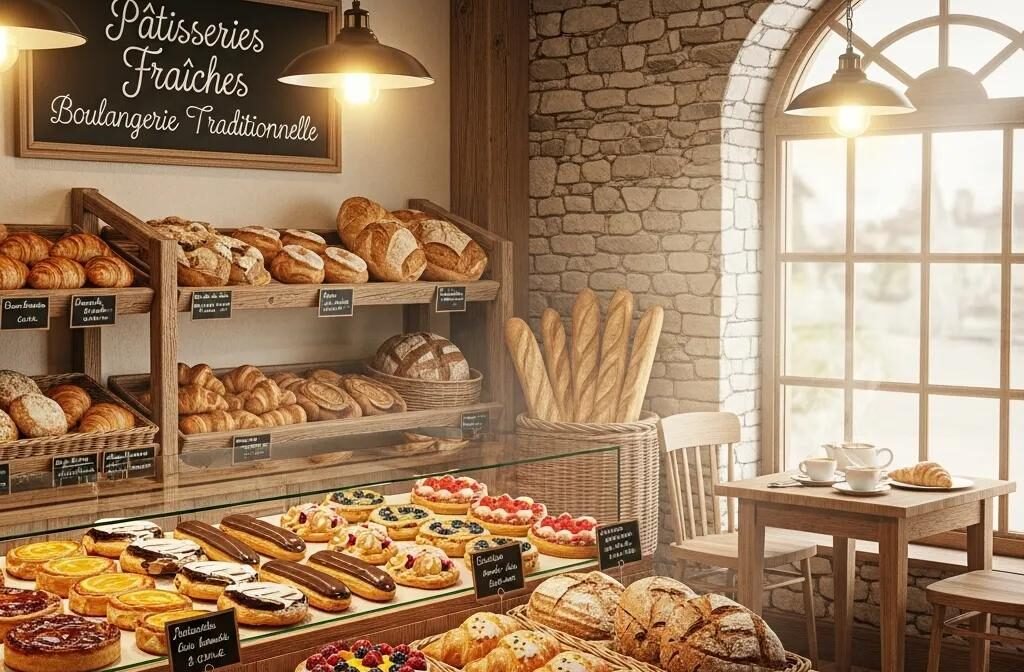 Traditional French bakery interior with a variety of pastries and breads