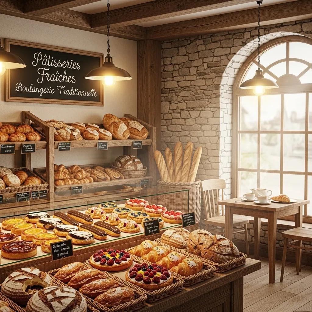 Traditional French bakery interior with a variety of pastries and breads