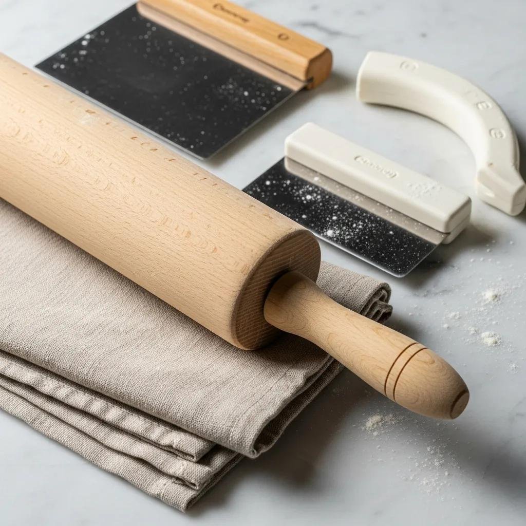 Traditional French baking tools including a rolling pin and dough scrapers on a marble surface
