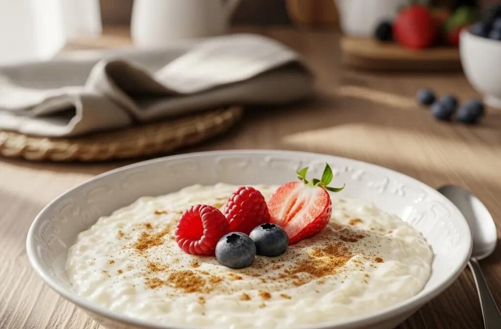 Traditional French rice pudding Riz au Lait in a bowl with cinnamon and berries, evoking comfort and nostalgia