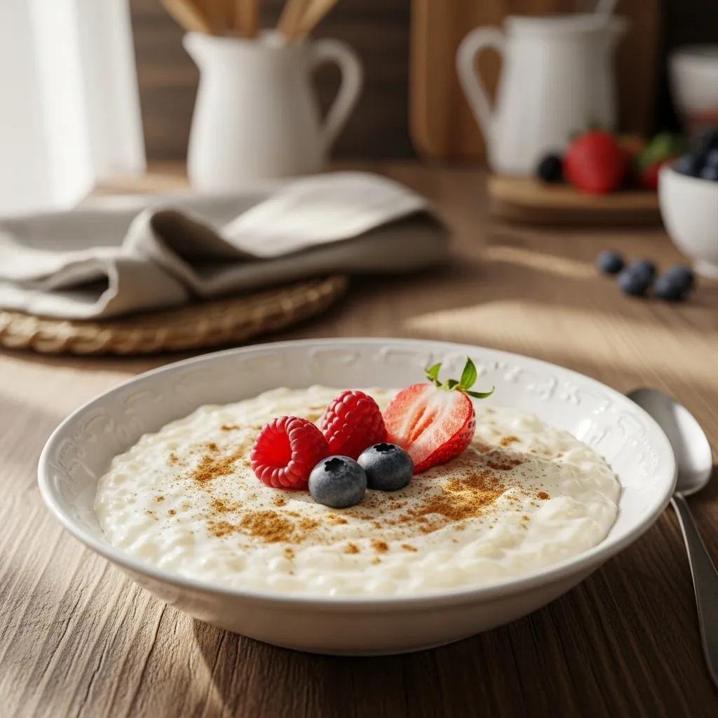 Traditional French rice pudding Riz au Lait in a bowl with cinnamon and berries, evoking comfort and nostalgia