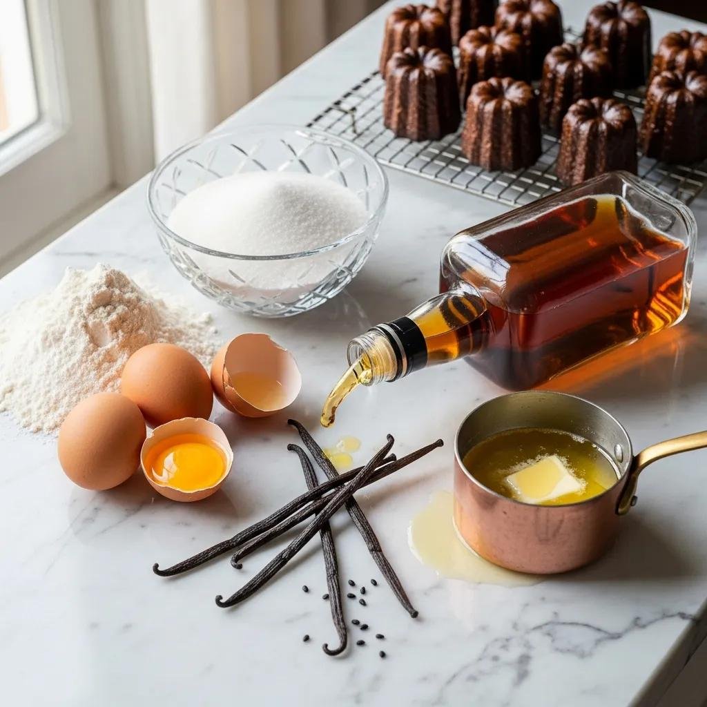 Traditional ingredients for Canelés displayed on a marble countertop, showcasing their quality and texture