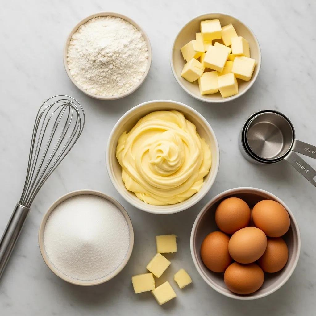 Traditional ingredients for Gâteau Basque including flour, butter, sugar, eggs, and vanilla pastry cream arranged on a marble countertop