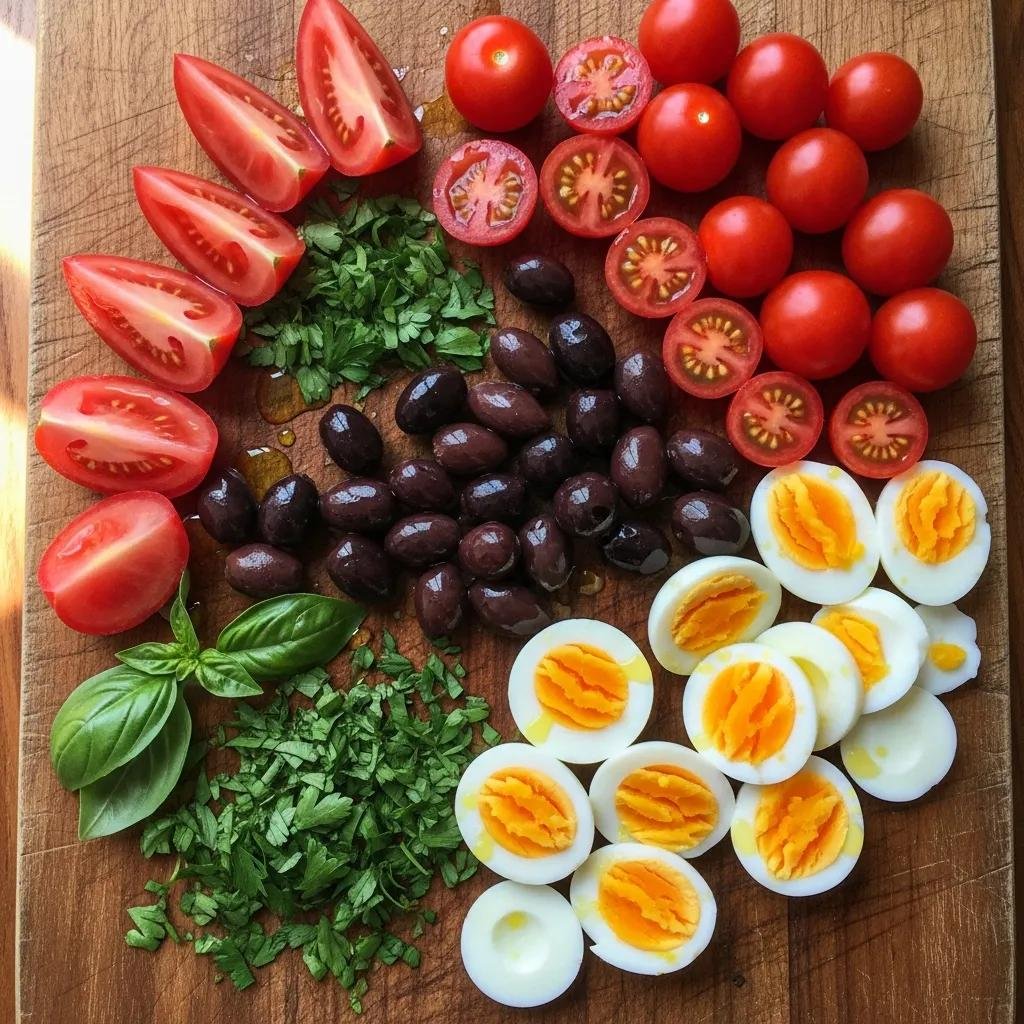 Traditional ingredients for Pan Bagnat including tomatoes, olives, and herbs on a cutting board