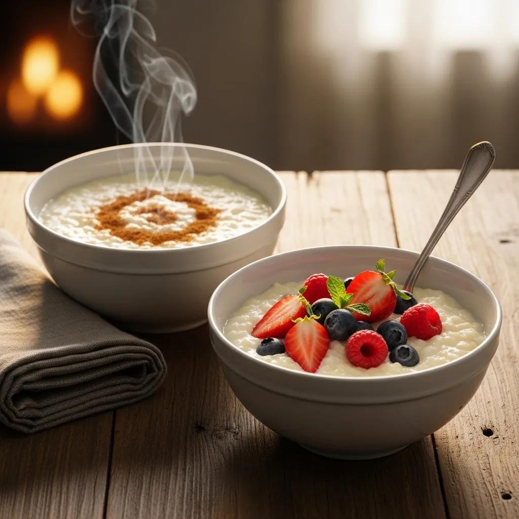 Two bowls of Riz au Lait, one warm with cinnamon and one chilled with fresh fruit, showcasing its versatility as a comforting dessert