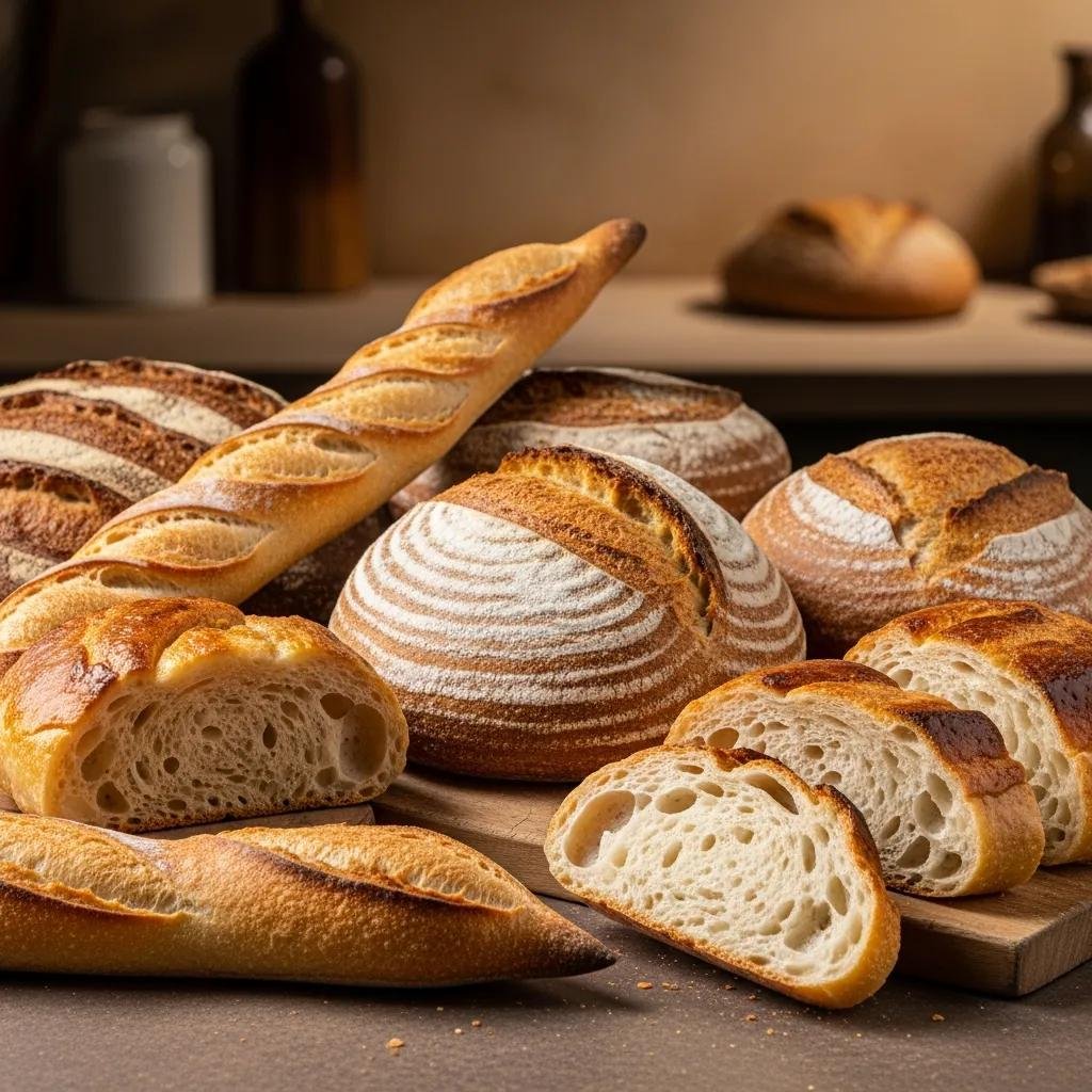 Variety of artisan French breads including baguette, sourdough, and pain de mie on a wooden board