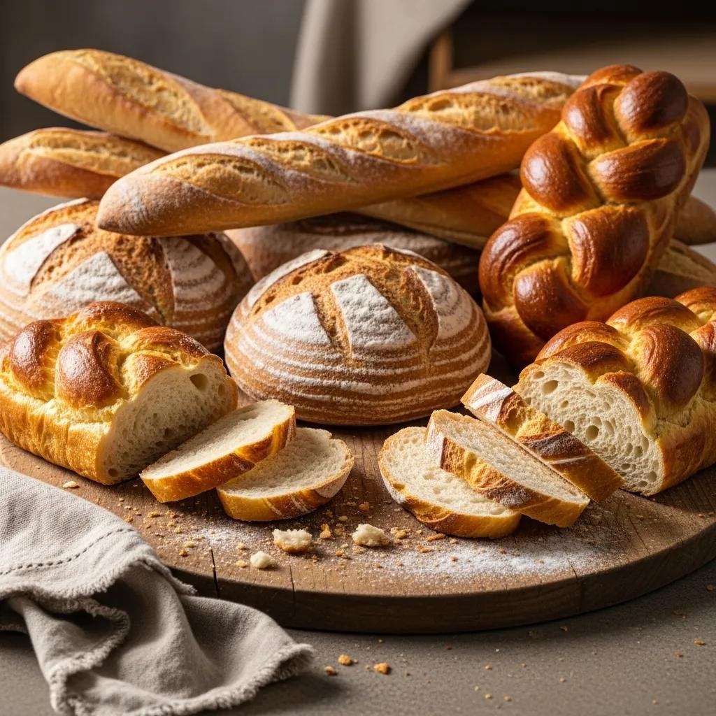 Variety of artisan French breads including baguettes, sourdough, and brioche