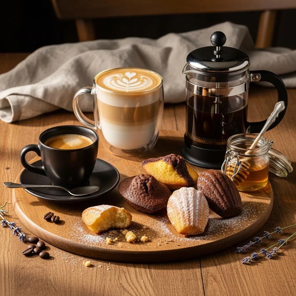Variety of coffee types paired with different flavors of madeleines on a cozy table